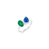 BLUE SAPPHIRE AND EMERALD TWO STONE RING