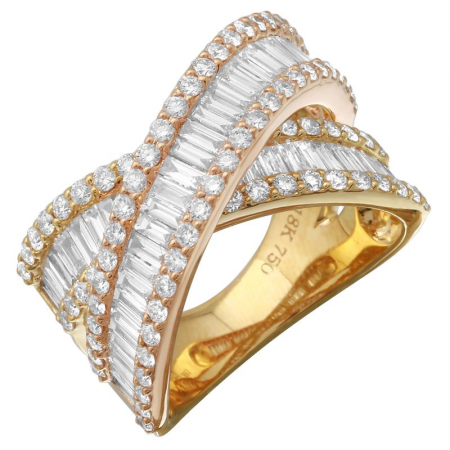 TWO TONE BAGUETTE AND DIAMOND CROSSOVER RING