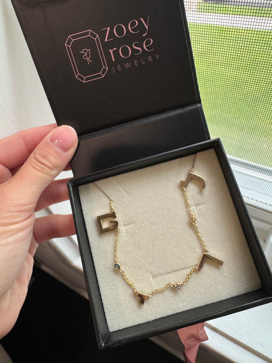 CUSTOM HEBREW INITIAL AND BIRTHSTONE NECKLACE